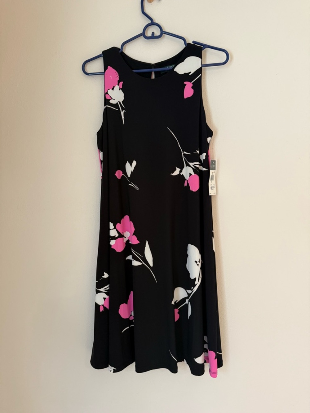 NWT Womens Black Floral Swing Dress with Pink & White Accents